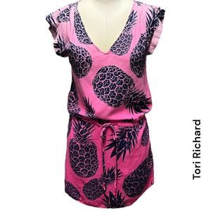 ☘️ TORI RICHARD ombre pineapple shirt dress pink navy + size S